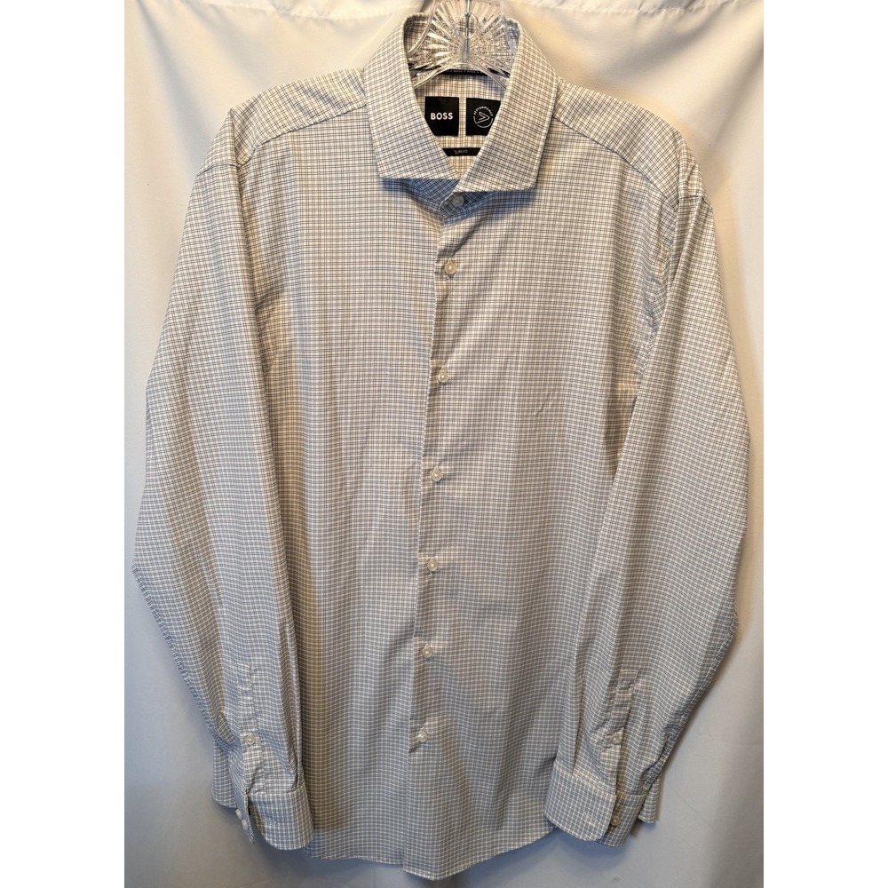 Boss Performance Size 42‎ L 16.5 Button Down Long Sleeve Shirt White Black Plaid